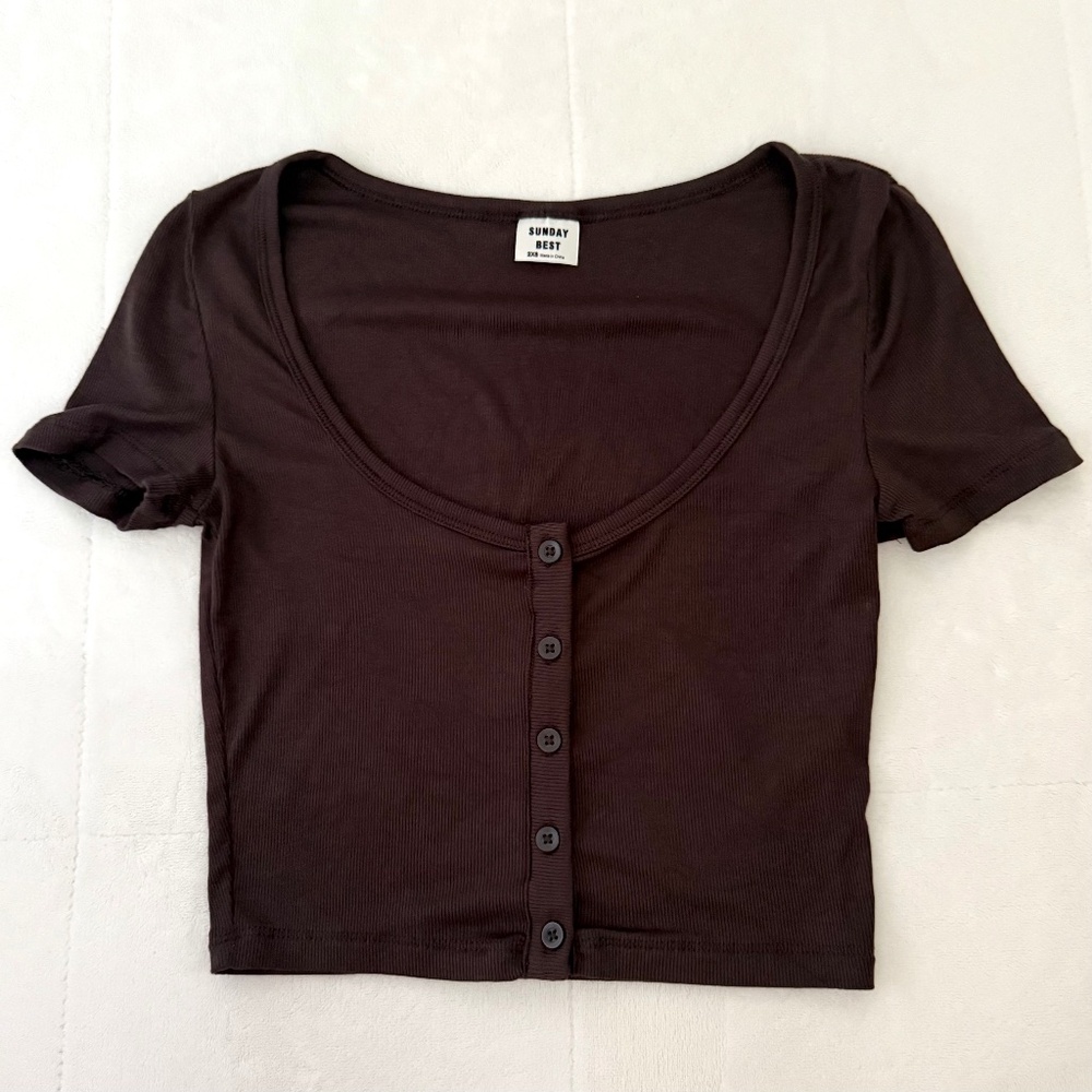 Aritzia Sunday Best Holly Cropped Short Sleeve Tee, Dark Brown, XXS